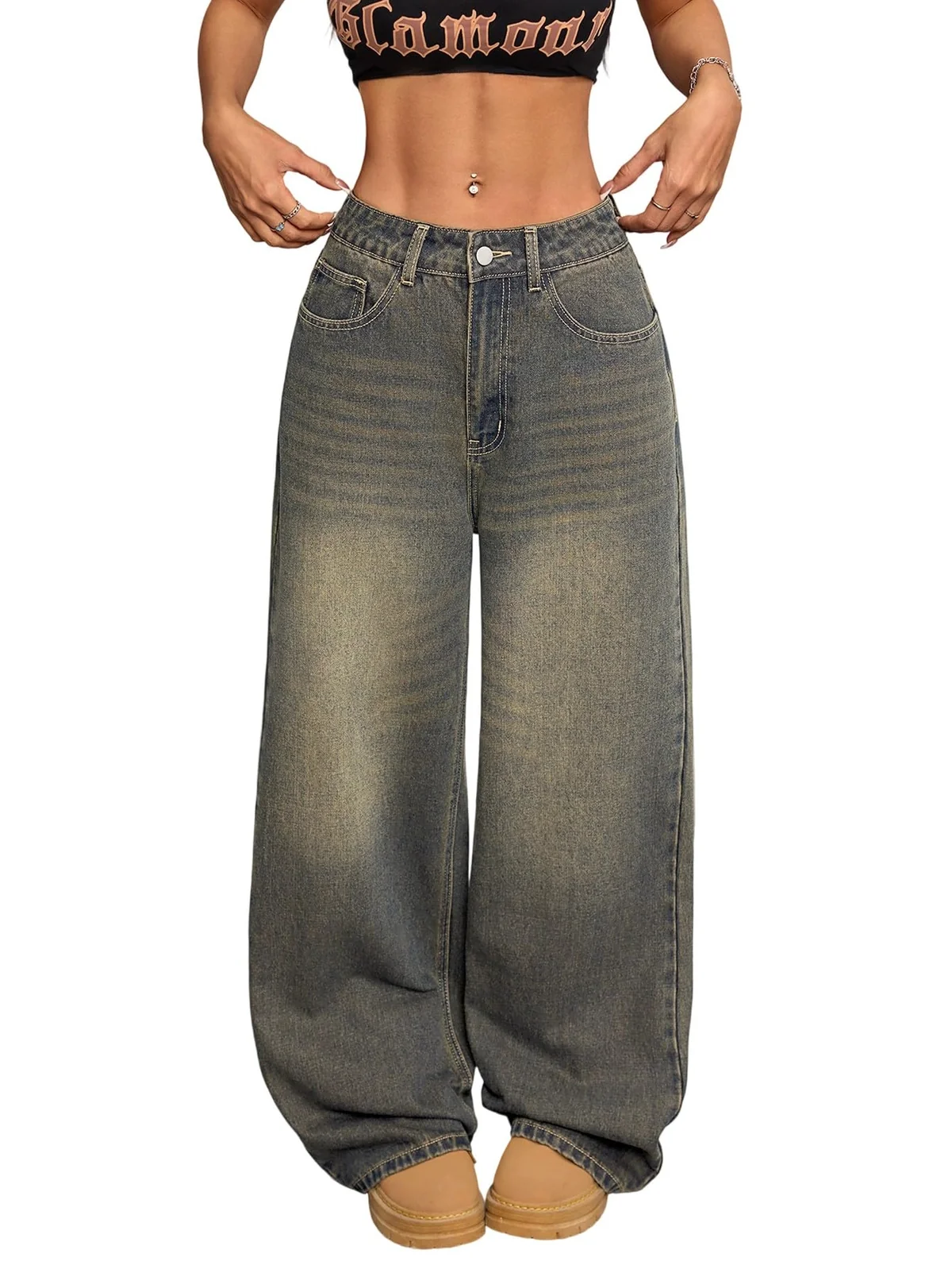 OYICAI Womens Baggy Jeans Wide Leg Denim Pants Y2k 90s Vintage Hip Hop Loose Long Trousers Streetwea
