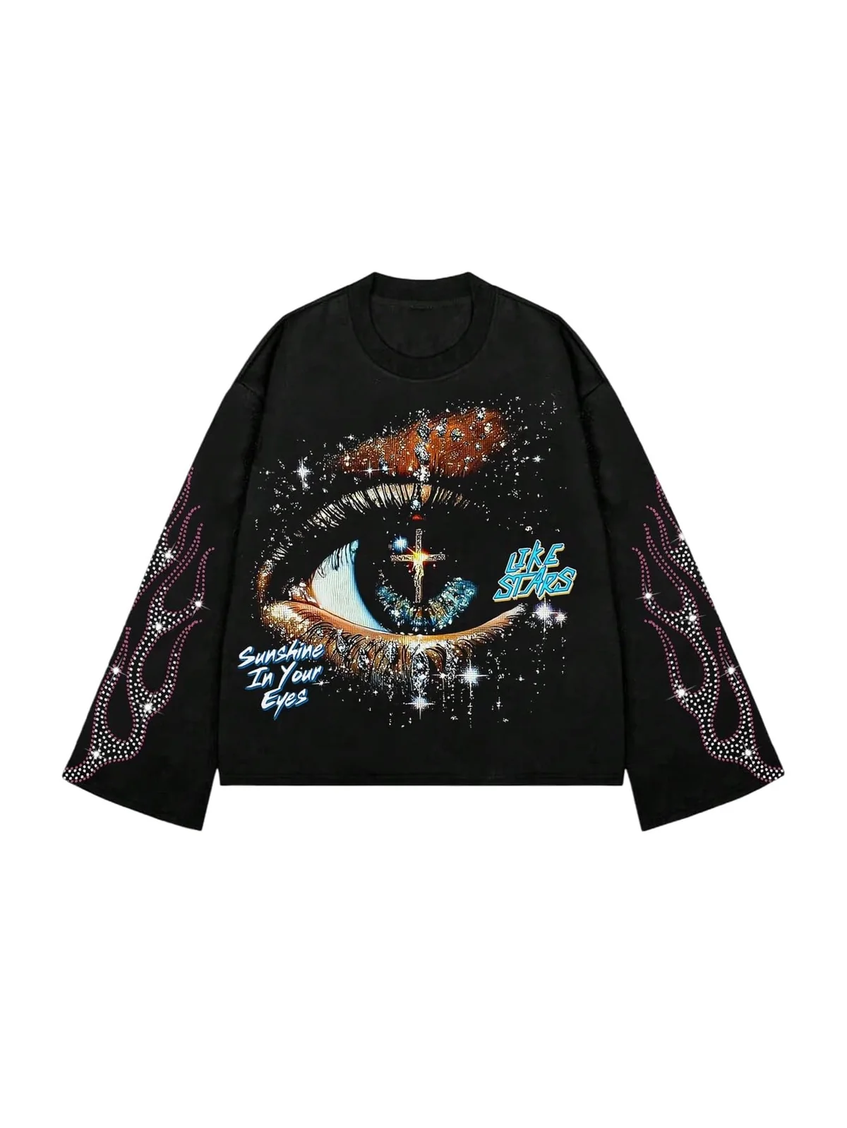 Verdusa Men's Rhinestone Graphic Tees Y2K Long Sleeve Tee Shirts Eye Print Crop Tops Hip Hop Streetw
