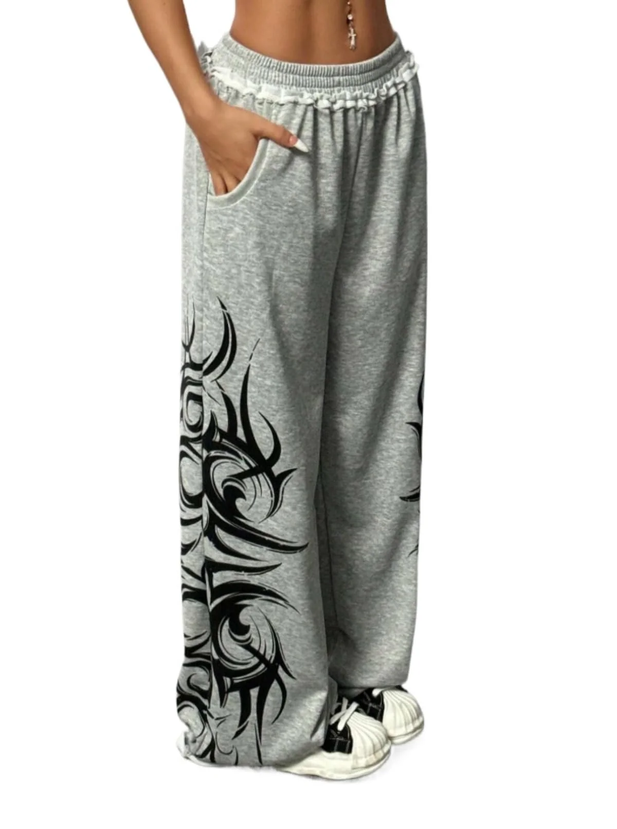 Y2k Wide Leg Baggy Grunge Double Waisted Drawstring Sweatpants Streetwear Women Emo 2000s Star Pants