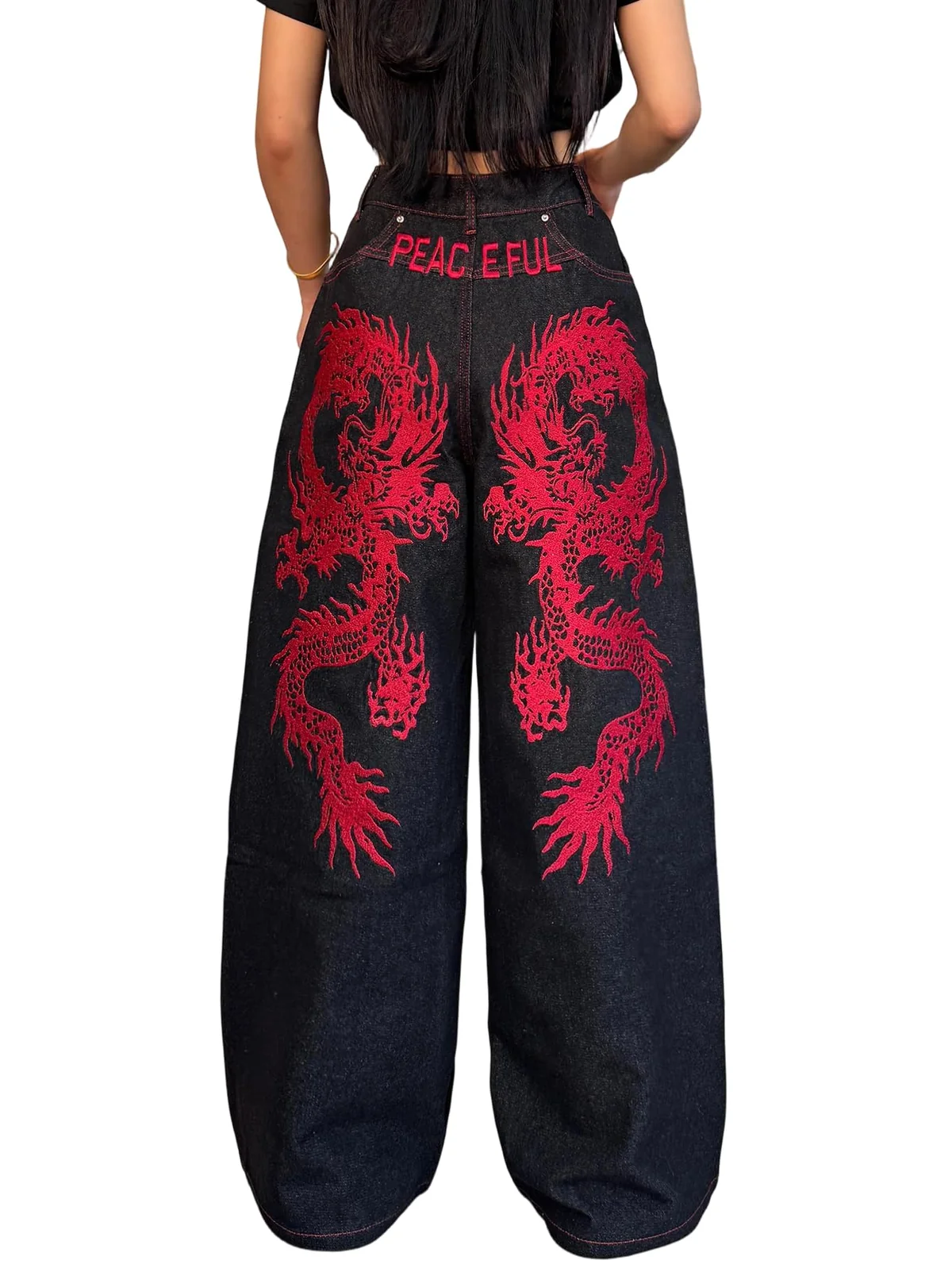 OYICAI Women's Baggy Jeans Embroidered Wide Leg Jeans Y2k Hip Hop Loose Fit Denim Pants Skater